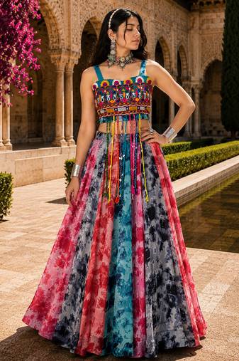 Multicolor Georgette Navratri Lehenga with Gamthi Embroidered Top