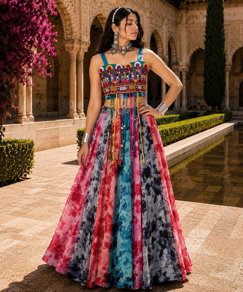Multicolor Georgette Navratri Lehenga with Gamthi Embroidered Top
