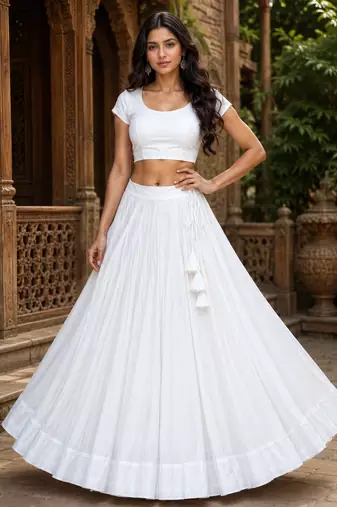 White Heavy Rayon Cotton Navratri Chaniya with Blouse