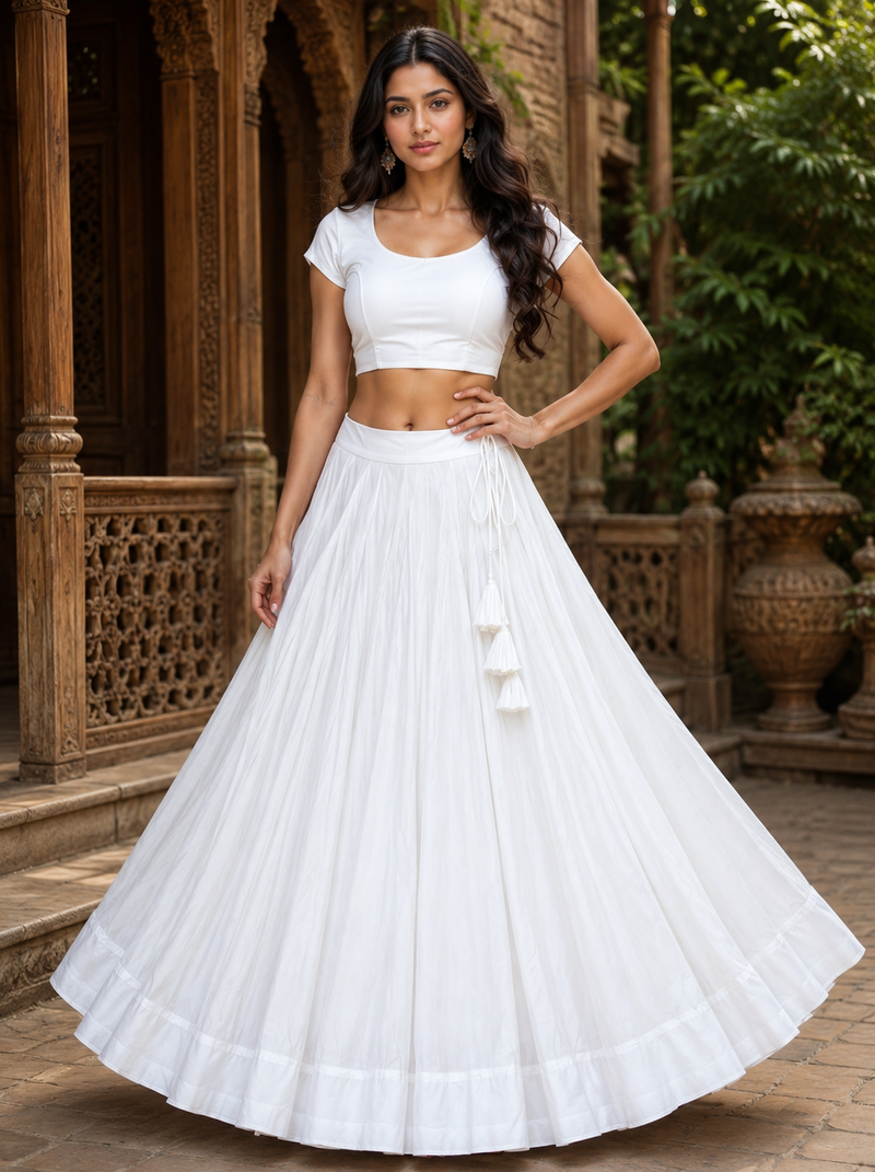 White Heavy Rayon Cotton Navratri Chaniya with Blouse