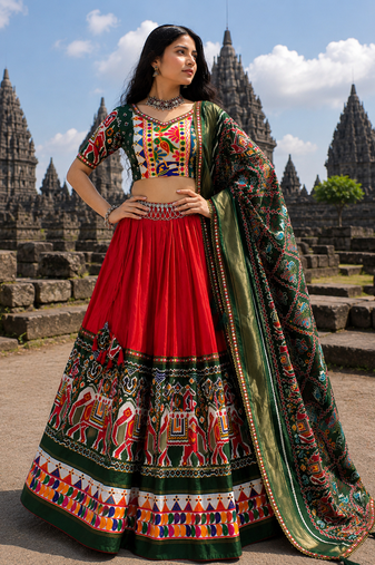 Red Dola Silk Blend Patola Navratri Lehenga with Bottle Green Dupatta