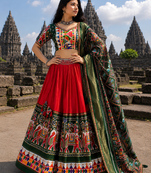 Red Dola Silk Blend Patola Navratri Lehenga with Bottle Green Dupatta