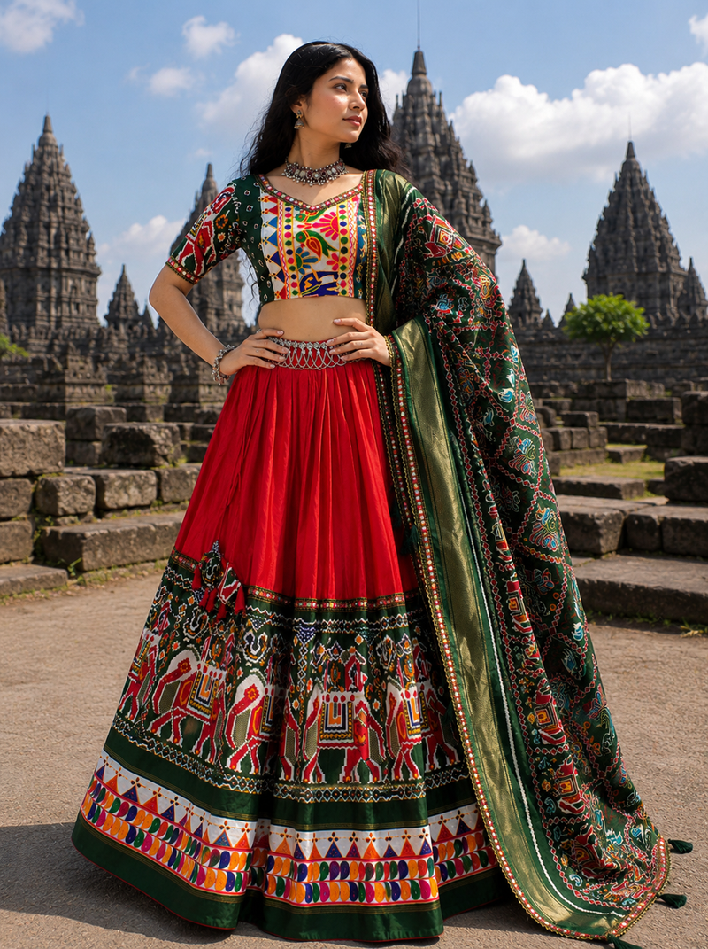 Red Dola Silk Blend Patola Navratri Lehenga with Bottle Green Dupatta