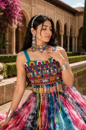 Multicolor Georgette Navratri Lehenga with Gamthi Embroidered Top