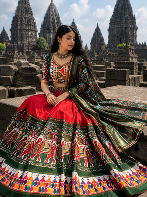 Red Dola Silk Blend Patola Navratri Lehenga with Bottle Green Dupatta 2