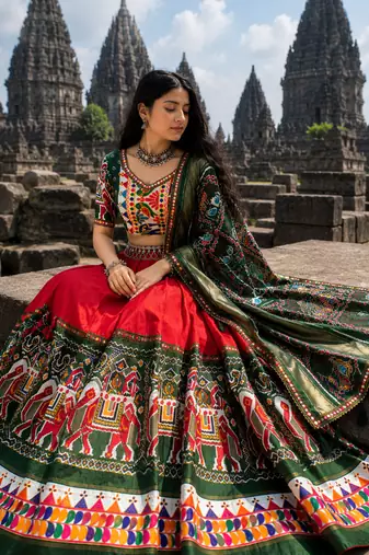 Red Dola Silk Blend Patola Navratri Lehenga with Bottle Green Dupatta
