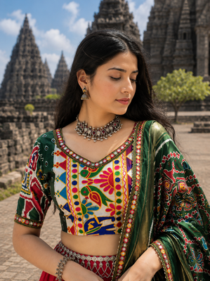 Red Dola Silk Blend Patola Navratri Lehenga with Bottle Green Dupatta 3