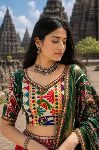 Red Dola Silk Blend Patola Navratri Lehenga with Bottle Green Dupatta