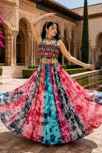 Multicolor Georgette Navratri Lehenga with Gamthi Embroidered Top