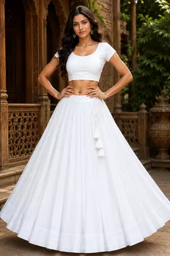 White Heavy Rayon Cotton Navratri Chaniya with Blouse