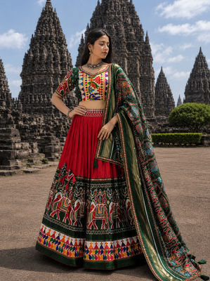 Red Dola Silk Blend Patola Navratri Lehenga with Bottle Green Dupatta 4