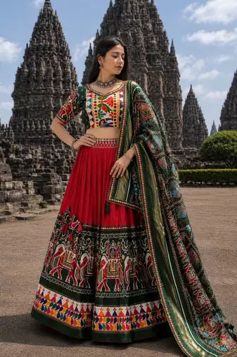 Red Dola Silk Blend Patola Navratri Lehenga with Bottle Green Dupatta