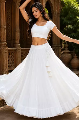 White Heavy Rayon Cotton Navratri Chaniya with Blouse