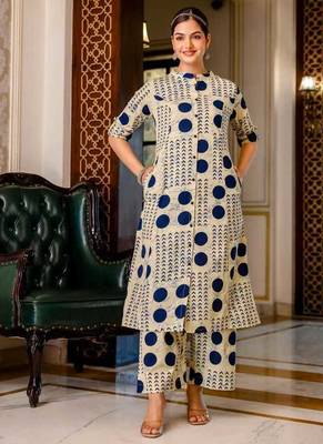 Cream pure cotton kurti palazzo set 1
