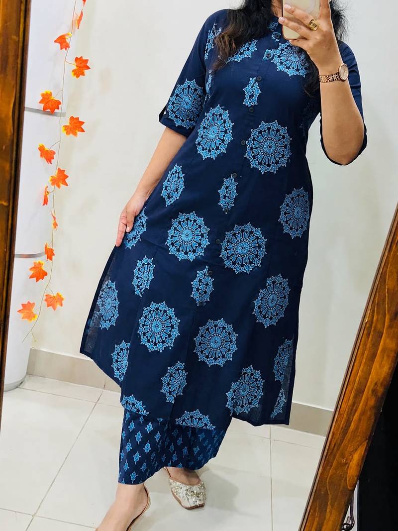 Blue pure cotton kurti palazzo set