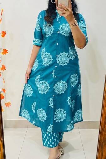 Teal blue pure cotton printed kurti palazzo co-ord set