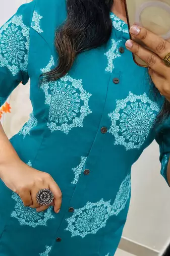 Teal blue pure cotton printed kurti palazzo co-ord set