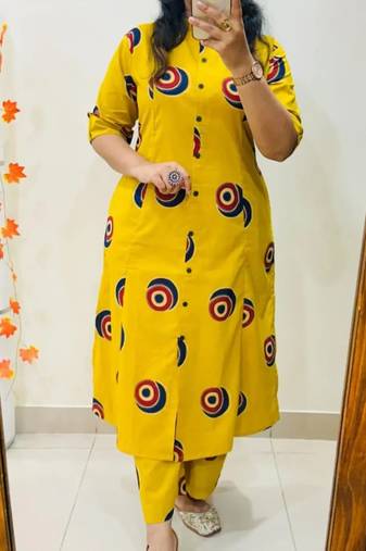 Yellow pure cotton printed kurti palazzo co-ord set