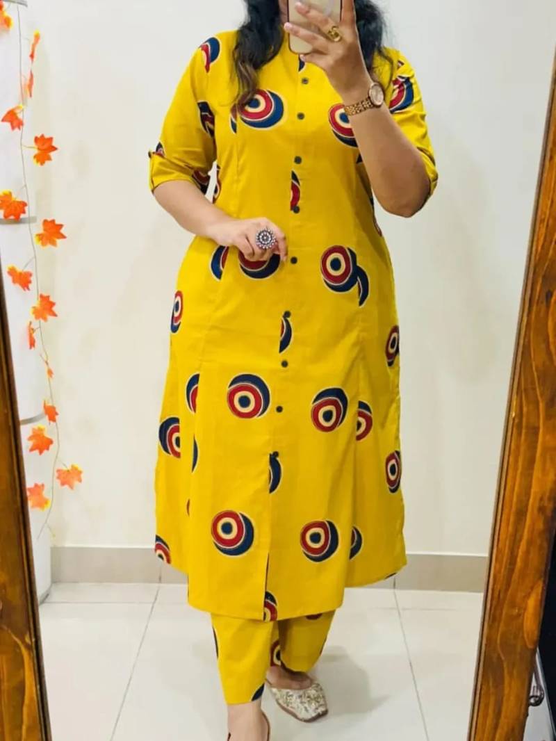 Yellow pure cotton printed kurti palazzo co-ord set