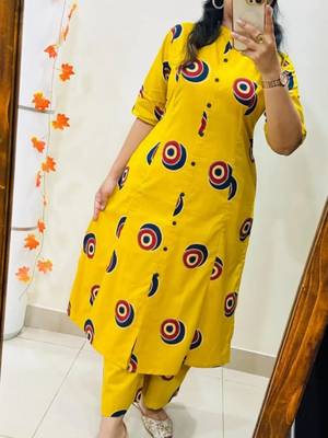 Yellow pure cotton printed kurti palazzo co-ord set 2