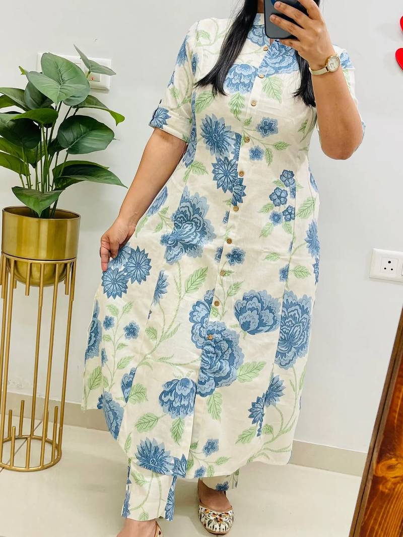 White pure cotton printed kurti palazzo co-ord set
