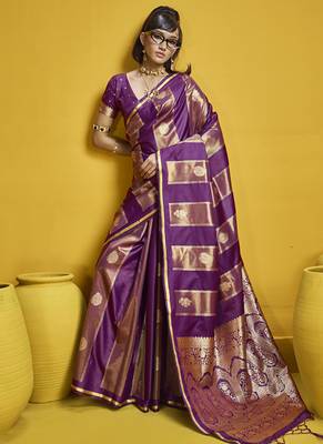 Wine satin handloom weaving silk blend festival wear saree 1
