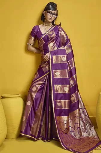 Wine satin handloom weaving silk blend festival wear saree