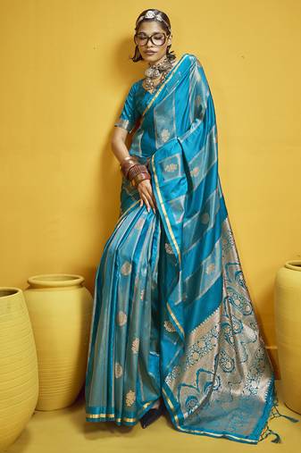 Sky blue pure satin handloom weaving silk blend festival wear saree