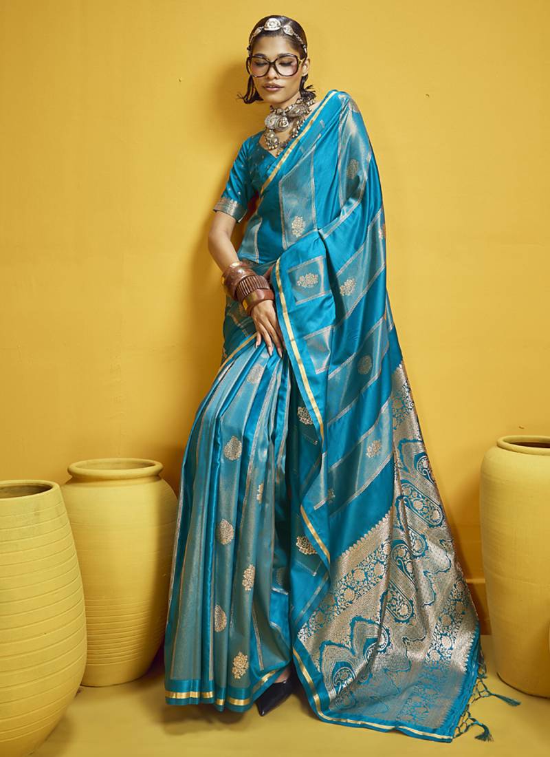 Sky blue pure satin handloom weaving silk blend festival wear saree