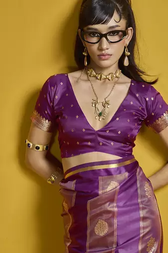 Wine satin handloom weaving silk blend festival wear saree