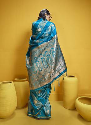 Sky blue pure satin handloom weaving silk blend festival wear saree 2