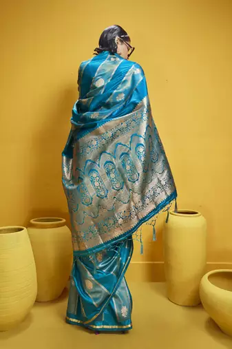 Sky blue pure satin handloom weaving silk blend festival wear saree