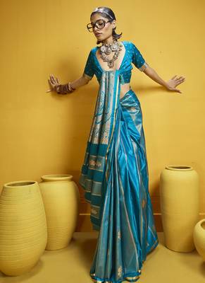 Sky blue pure satin handloom weaving silk blend festival wear saree 3
