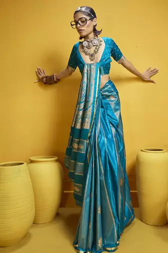 Sky blue pure satin handloom weaving silk blend festival wear saree