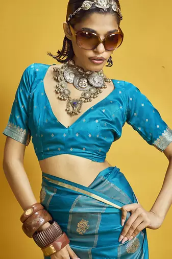 Sky blue pure satin handloom weaving silk blend festival wear saree