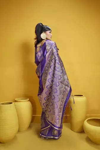 Purple satin handloom weaving festival wear saree
