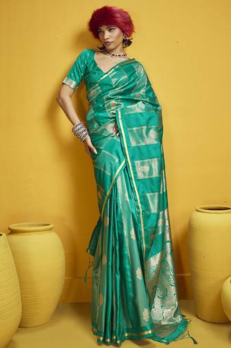 Turquoise pure satin handloom weaving silk blend festival wear saree