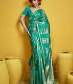 Turquoise pure satin handloom weaving silk blend festival wear saree