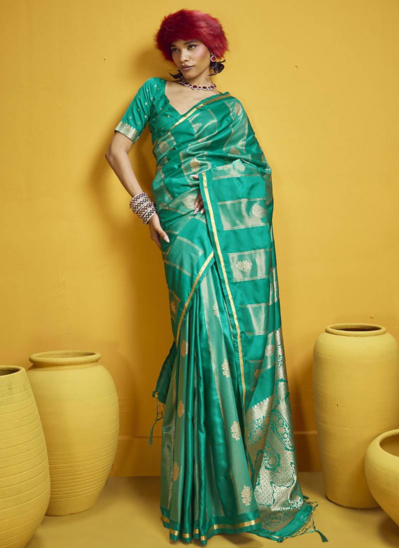 Turquoise pure satin handloom weaving silk blend festival wear saree