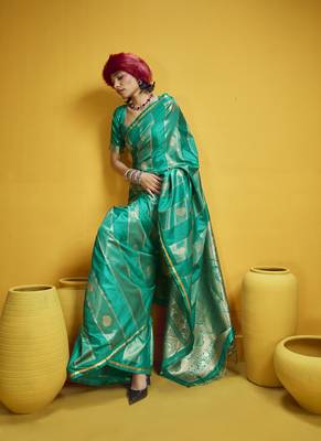Turquoise pure satin handloom weaving silk blend festival wear saree 2