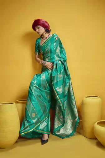 Turquoise pure satin handloom weaving silk blend festival wear saree