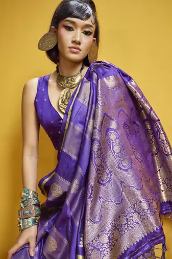 Purple satin handloom weaving festival wear saree
