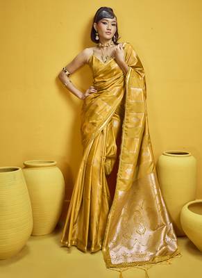 Mustard pure satin handloom weaving silk blend festival wear saree 1