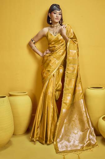 Mustard pure satin handloom weaving silk blend festival wear saree