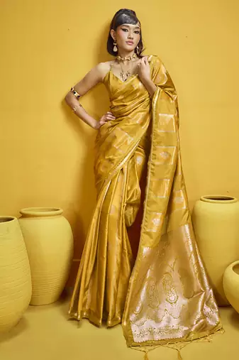 Mustard pure satin handloom weaving silk blend festival wear saree
