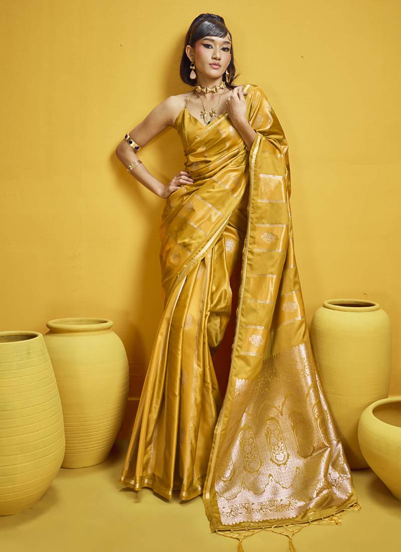 Mustard pure satin handloom weaving silk blend festival wear saree