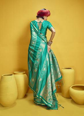 Turquoise pure satin handloom weaving silk blend festival wear saree 3