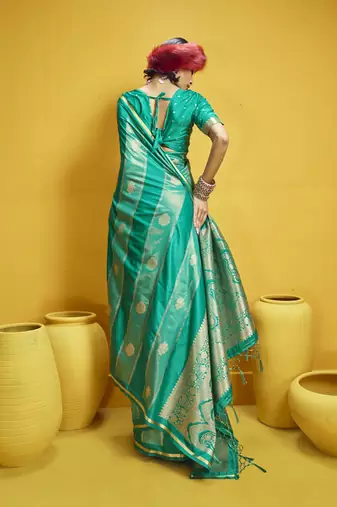 Turquoise pure satin handloom weaving silk blend festival wear saree