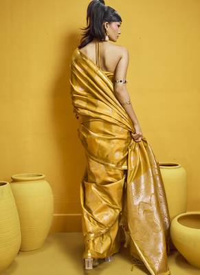 Mustard pure satin handloom weaving silk blend festival wear saree 2