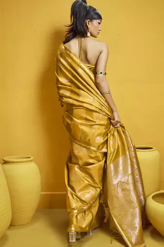 Mustard pure satin handloom weaving silk blend festival wear saree